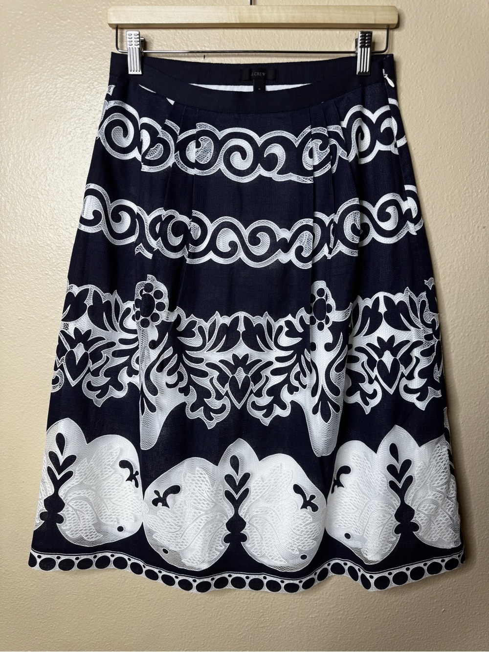 J. Crew Skirt Women's 4 Navy White A-line Ornate Lace Midi Coastal Boho